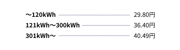 〜120kWh:29.80円、121kWh〜300kWh:36.40円、301kWh〜:40.49円