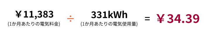 ¥11,383(1か月あたりの電気料金)÷331kWh(1か月あたりの電気使用量)=¥34.39